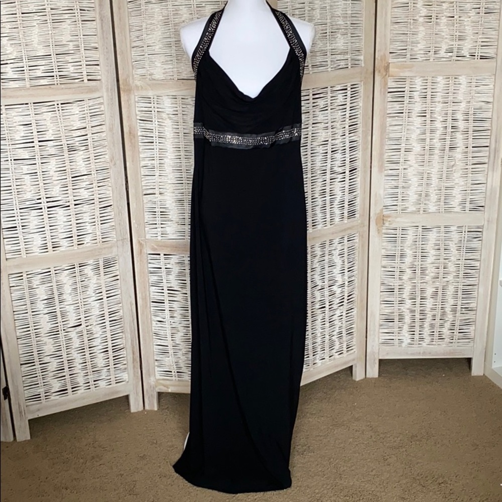 Full length halter dress with embellishments.